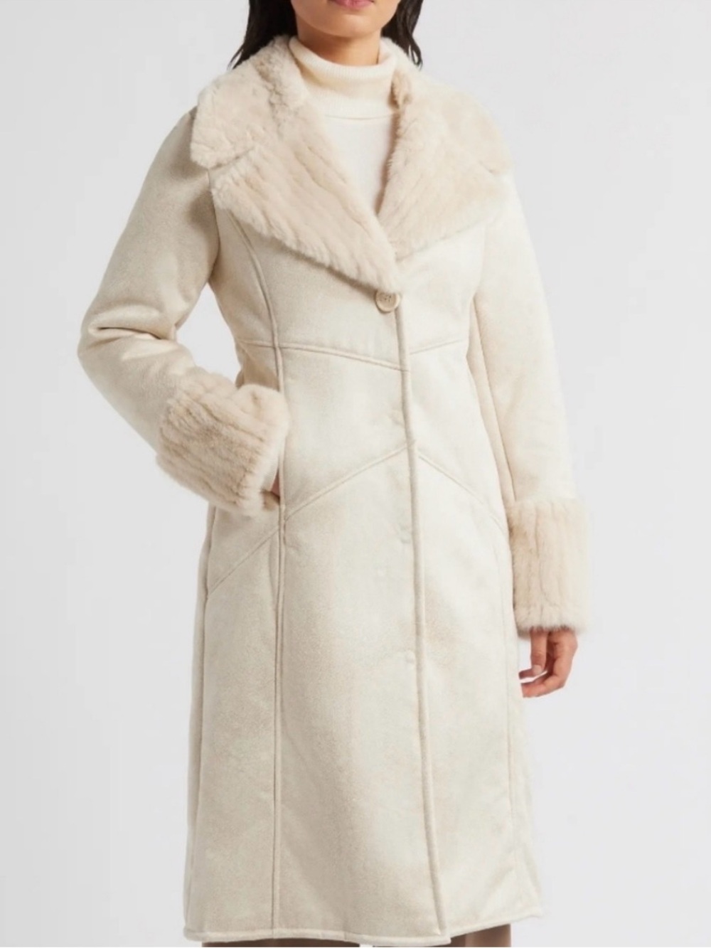Via Spiga Beige Faux Fur Faux Suede SB Notch Collar Longline Coat